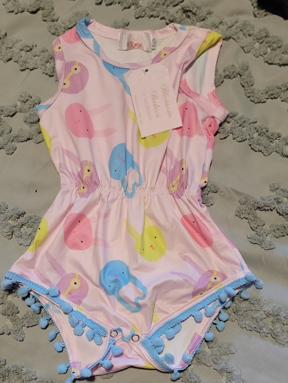 Cute Mila & Rose Pastel Bunny Pom Pom Baby Romper 6-12 Mo. NEW